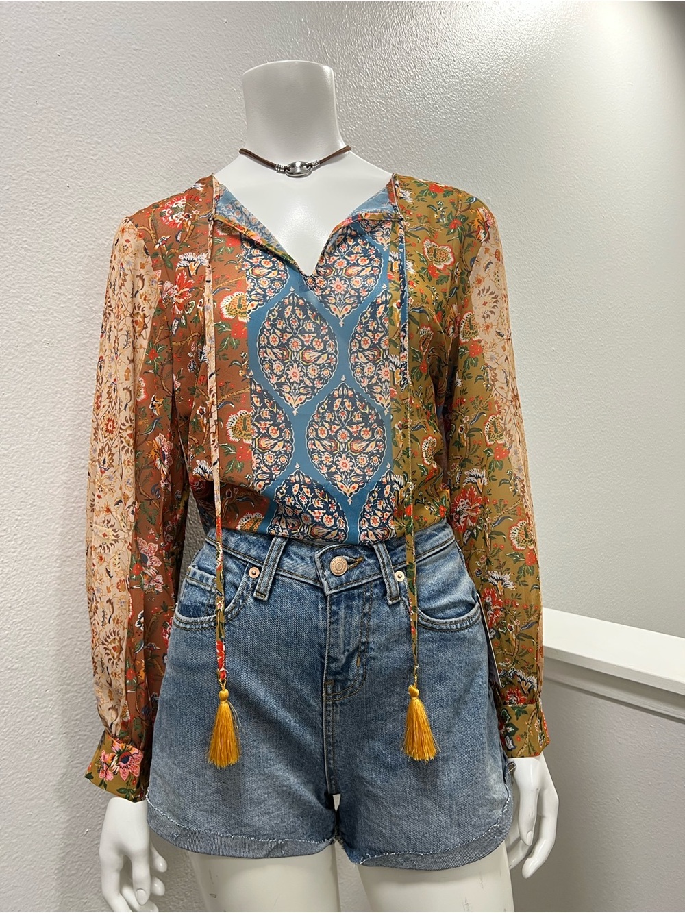 Joan Vass New York Floral Boho Peasant Blouse Tassel Tie Cottagecore - Size M